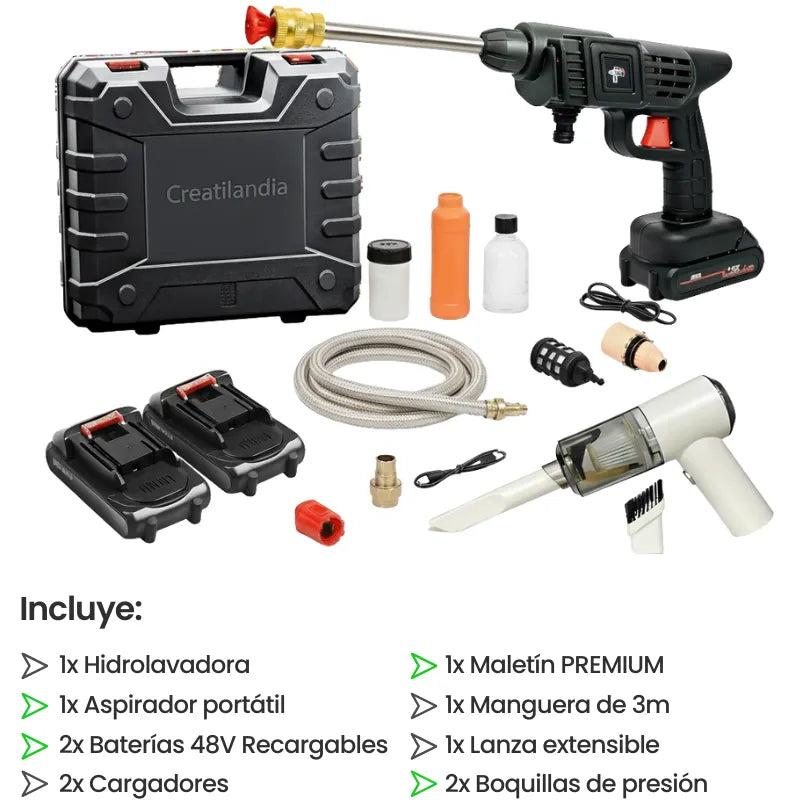 COMBO LIQUIDACIÓN DE VERANO: Hidrolavadora + (Aspiradora Portátil + Doble Batería + Maletín)